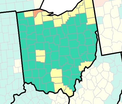Map of Ohio showing COVID-19 data by county in green and yellow colors