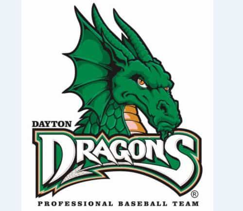 Green dragon mascot head above "Dayton Dragons Professional Baseball Team" logo text