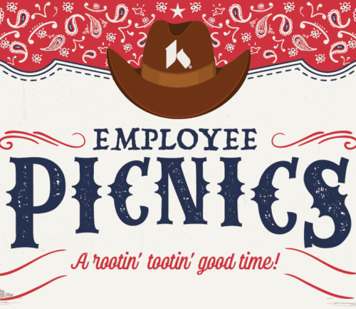 Western-themed employee picnic banner with cowboy hat, bandana pattern, and country decorations