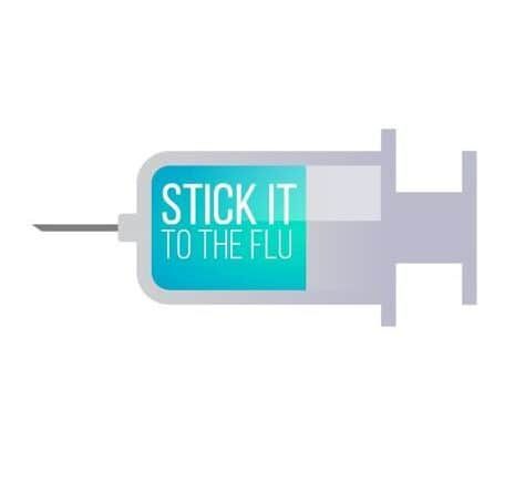 Stylized syringe graphic with "Stick It To The Flu" text promoting vaccination
