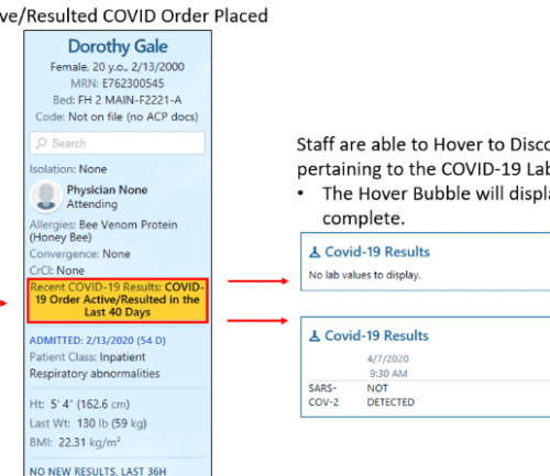 Electronic health record showing patient Dorothy Gale's COVID-19 test results and lab information.