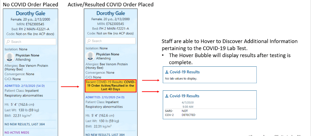 Electronic health record showing patient Dorothy Gale's COVID-19 test results and lab information.