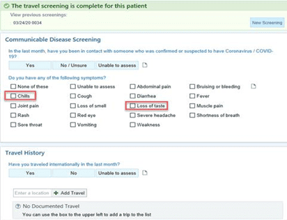 Travel screening form showing communicable disease symptoms checklist and travel history questions.