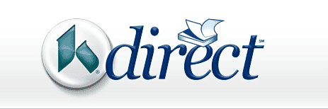 K-direct logo featuring blue geometric shapes and stylized text with leaf accent