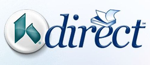KDirect logo with green geometric symbol and blue text with sailing ship graphic
