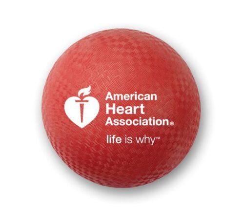 Red kickball with American Heart Association logo and "life is why" text