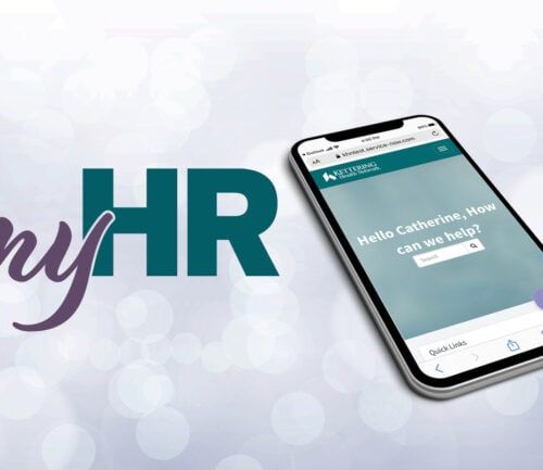 Smartphone displaying Kettering Health website next to "myHR" text logo