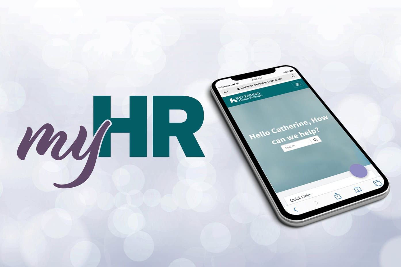 Smartphone displaying Kettering Health website next to "myHR" text logo