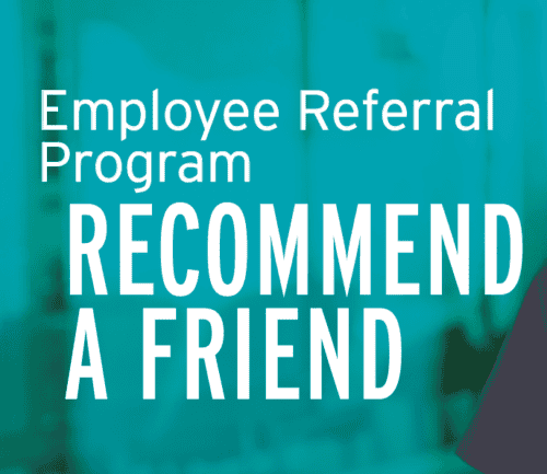 Employee referral program promotional graphic with teal background and white text