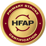 HFAP Primary Stroke Certification seal with red and gold circular design