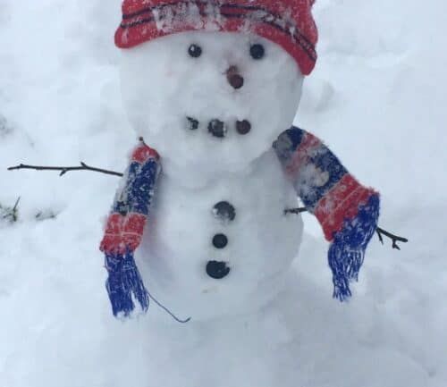 Snowman with red knit hat and blue striped scarf in snowy yard