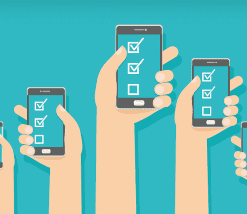 Multiple hands holding smartphones displaying completed survey checklists with checkmarks