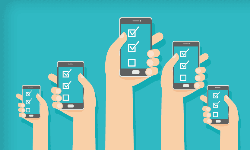 Multiple hands holding smartphones displaying completed survey checklists with checkmarks