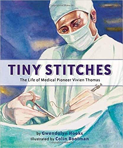Book cover showing surgeon in scrubs performing operation, titled "Tiny Stitches"