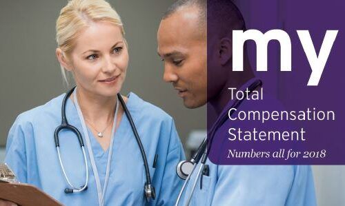 Healthcare professionals reviewing Total Compensation Statement document for 2018