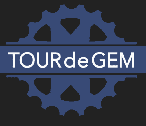 Blue gear logo with "TOURdeGEM" text banner across center