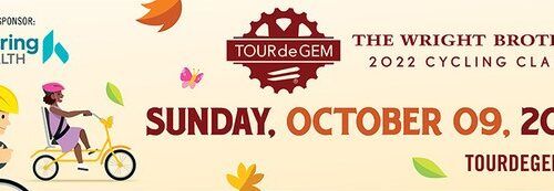 Tour de Gem cycling event banner featuring cyclists, Sunday October 9 2022