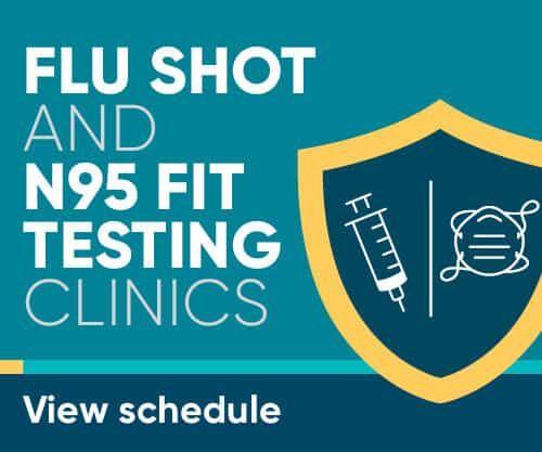 Flu shot and N95 fit testing clinics promotional graphic with shield icon and syringe