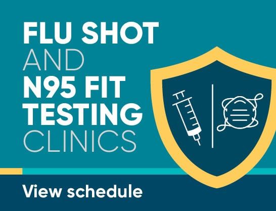 Flu shot and N95 fit testing clinics promotional graphic with shield icon and syringe