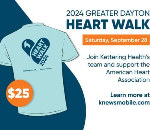 Light blue t-shirt with heart logo promoting 2024 Greater Dayton Heart Walk fundraiser