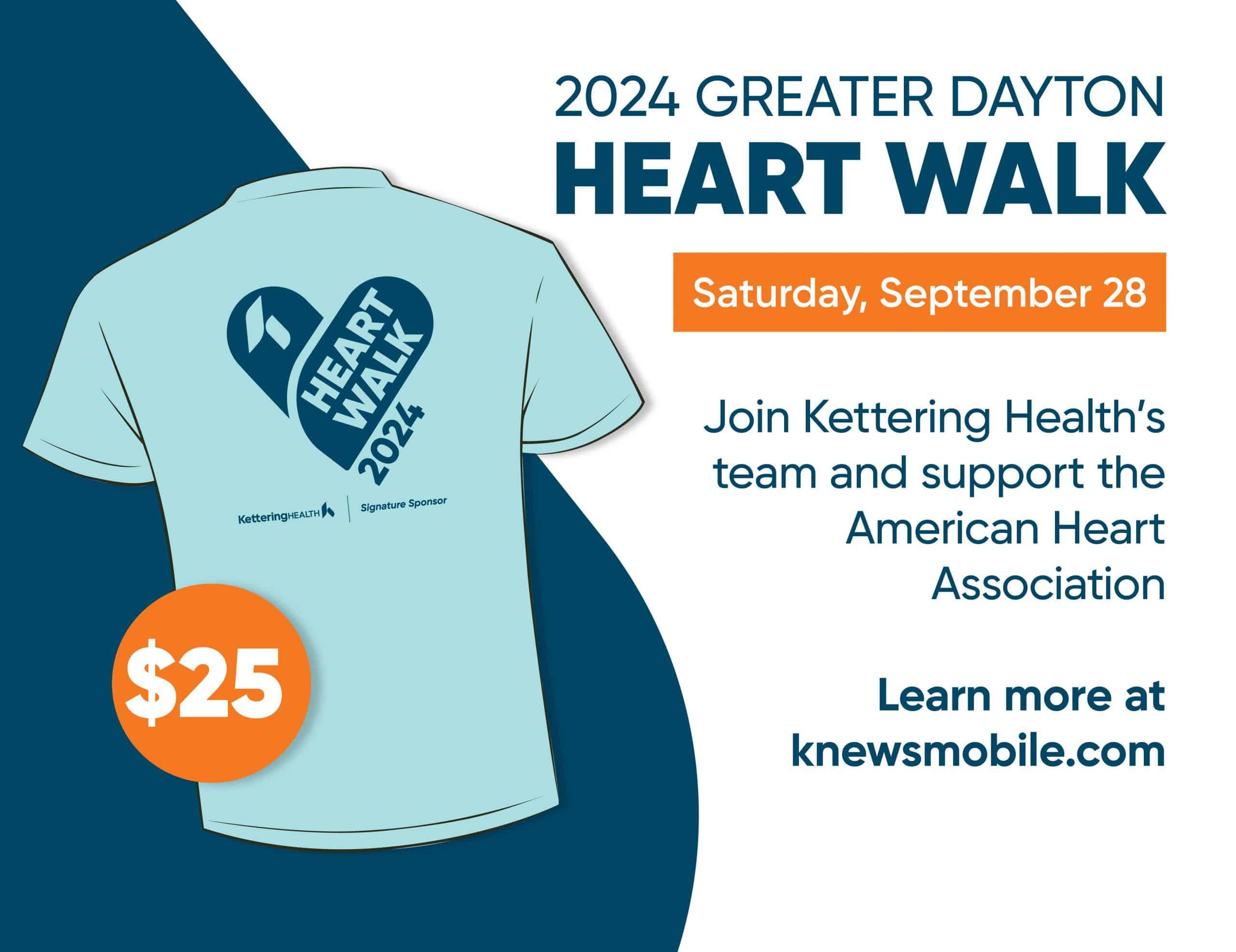 Light blue t-shirt with heart logo promoting 2024 Greater Dayton Heart Walk fundraiser