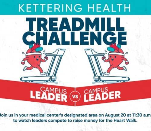 Kettering Health Treadmill Challenge flyer featuring cartoon hearts racing on treadmills for Heart Walk fundraiser