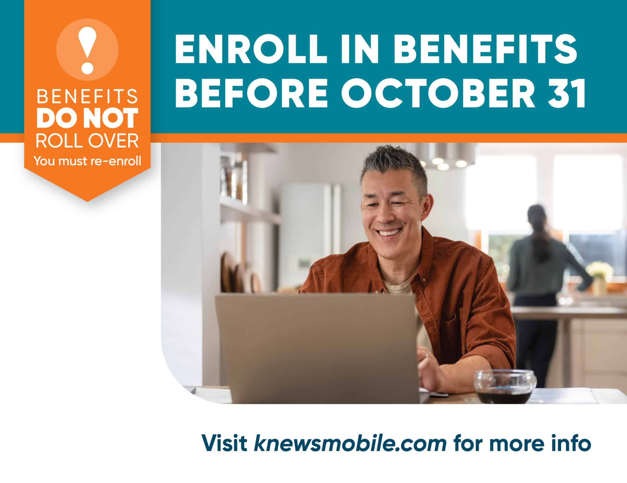 Man working on laptop with benefits enrollment deadline reminder October 31