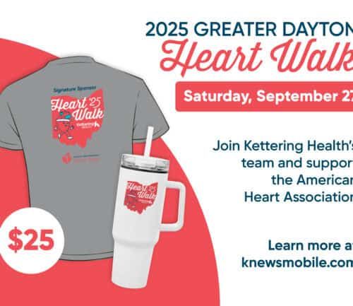 Gray t-shirt and water bottle for 2025 Greater Dayton Heart Walk fundraiser
