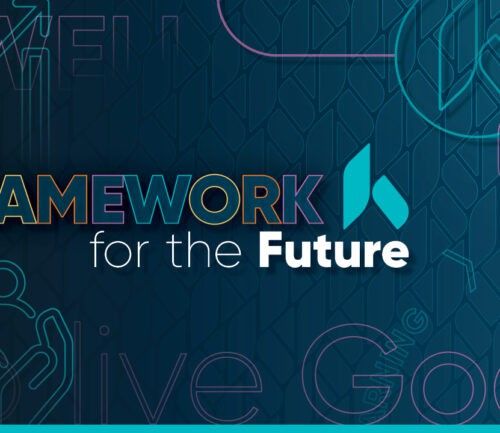"Framework for the Future" text with geometric design elements on dark teal background