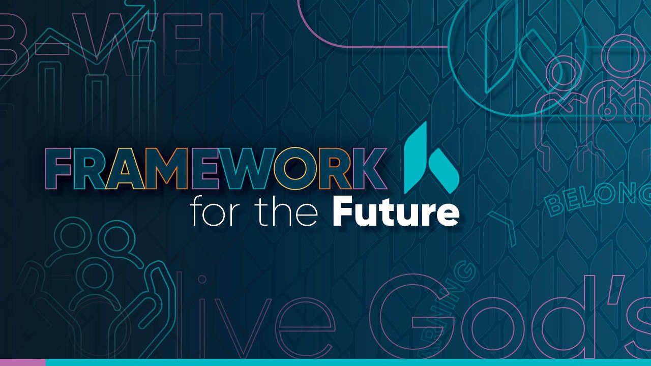 "Framework for the Future" text with geometric design elements on dark teal background