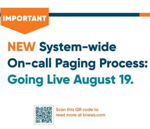 Important announcement: New system-wide on-call paging process launches August 19, with QR code