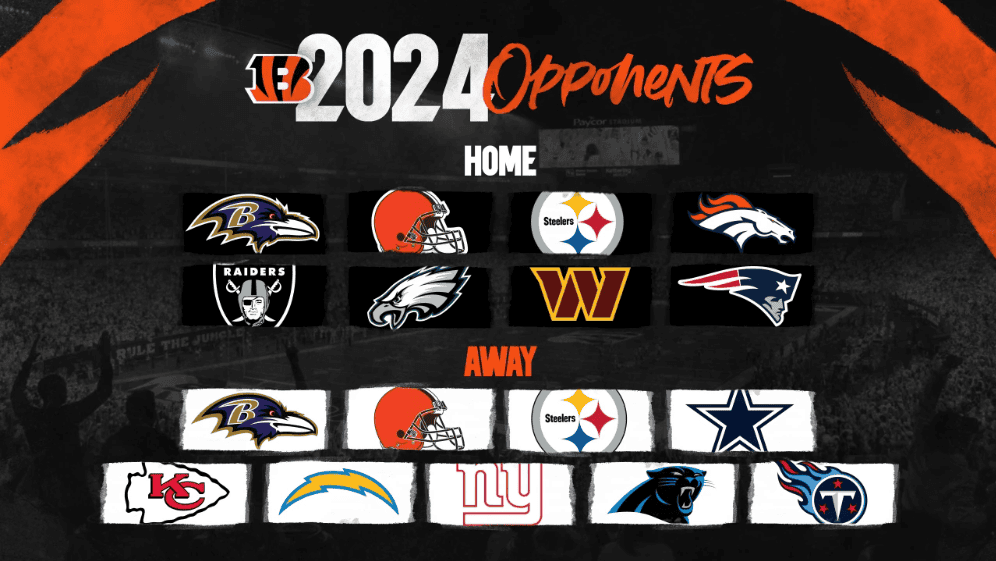 Cincinnati Bengals 2024 NFL season schedule showing home and away opponent team logos