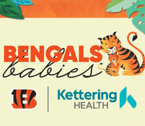 Bengals babies promotional graphic with tiger illustration and Kettering Health logo