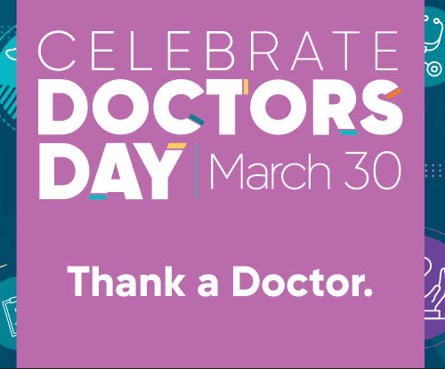 Celebrate Doctors Day March 30 Thank a Doctor promotional graphic with medical icons