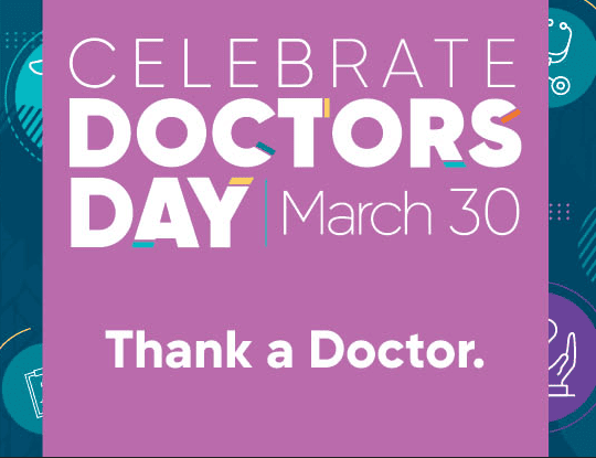 Celebrate Doctors Day March 30 Thank a Doctor promotional graphic with medical icons