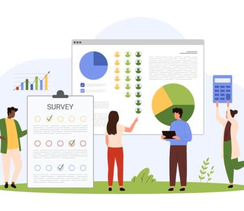 Healthcare team analyzing survey data and focus group research with charts and graphs