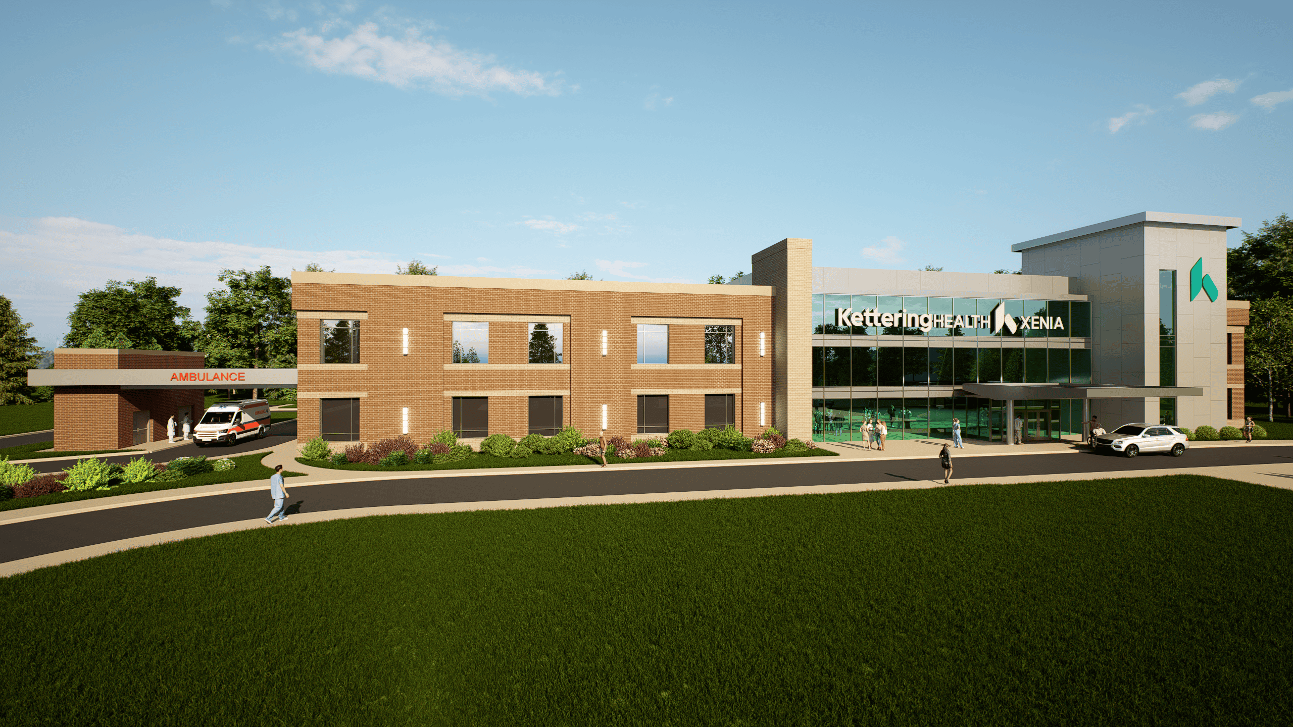 Architectural rendering of Kettering Health Xenia medical facility with ambulance bay and landscaping