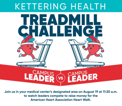 Kettering Health Treadmill Challenge featuring cartoon hearts on treadmills competing between campus leaders