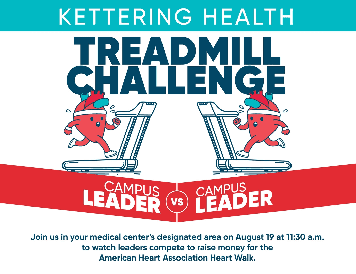 Kettering Health Treadmill Challenge featuring cartoon hearts on treadmills competing between campus leaders