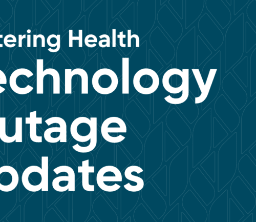 Kettering Health Technology Outage Updates text on teal geometric patterned background