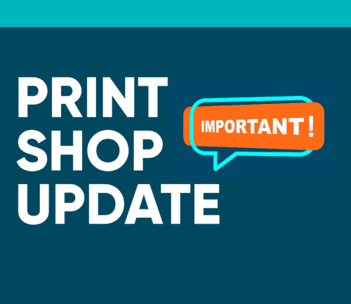 Print shop update announcement with orange "Important!" speech bubble on teal background