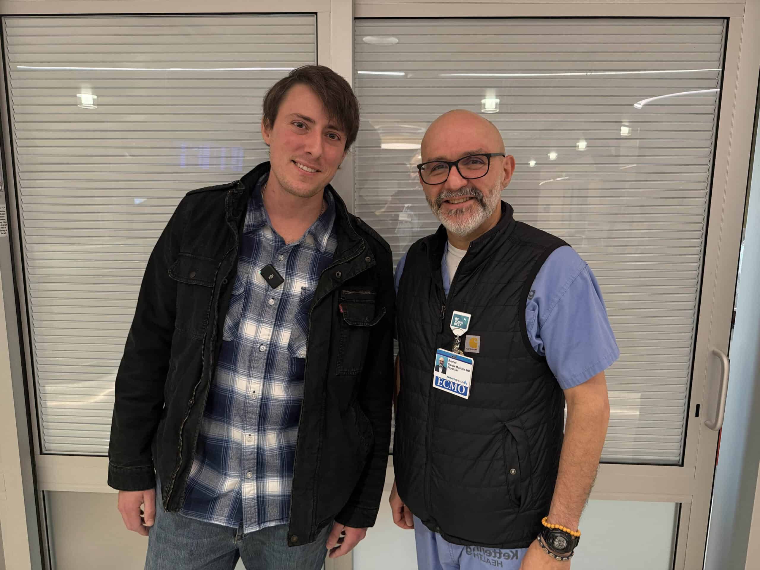 Trevor, patient, standing with Dr. Garcia-Montilla, ECMO expert